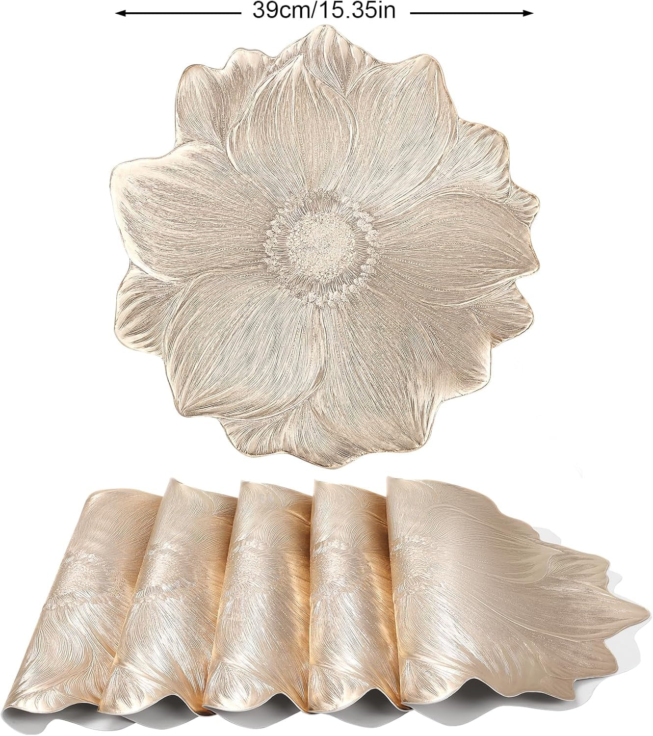 Gold Metallic round Placemats 15" Set of 6, Pressed Lotus Flower Design, Washable & Non-Slip Vinyl - Perfect for Dinner, Holiday, Wedding Decor & Party Table Settings
