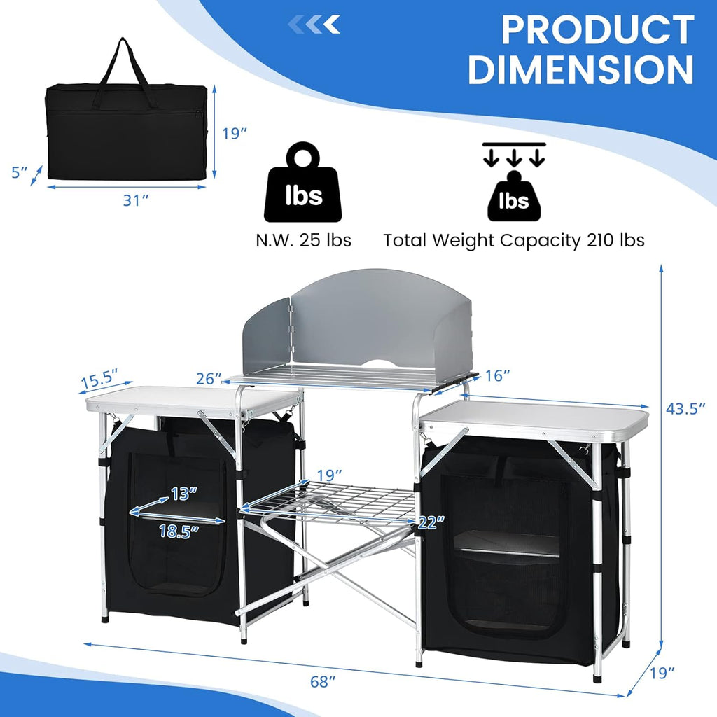 Folding Camping Table, 2-Tier Aluminum Camping Kitchen Table with Windscreen, Cook Station, Portable Camp Cook Table with Storage Organizer Shelves, Carry Bag, Ideal for Picnic, BBQ, Party