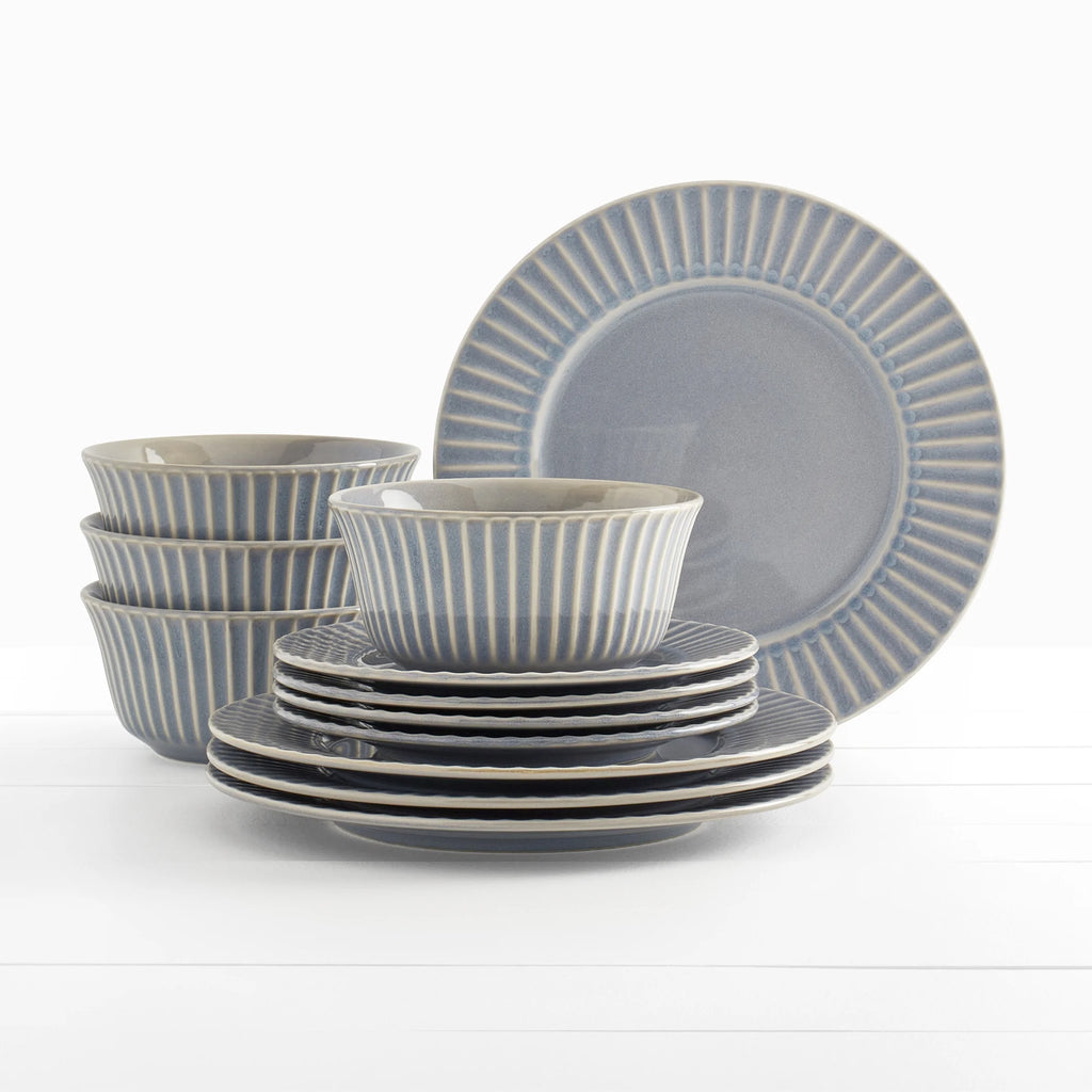 Tabletops Gallery Richmond 12-Piece Reactive Glaze Stoneware Dinnerware Set of Kitchen Dishes, Dinner Plates, Cereal Bowls, Service for 4, Gray