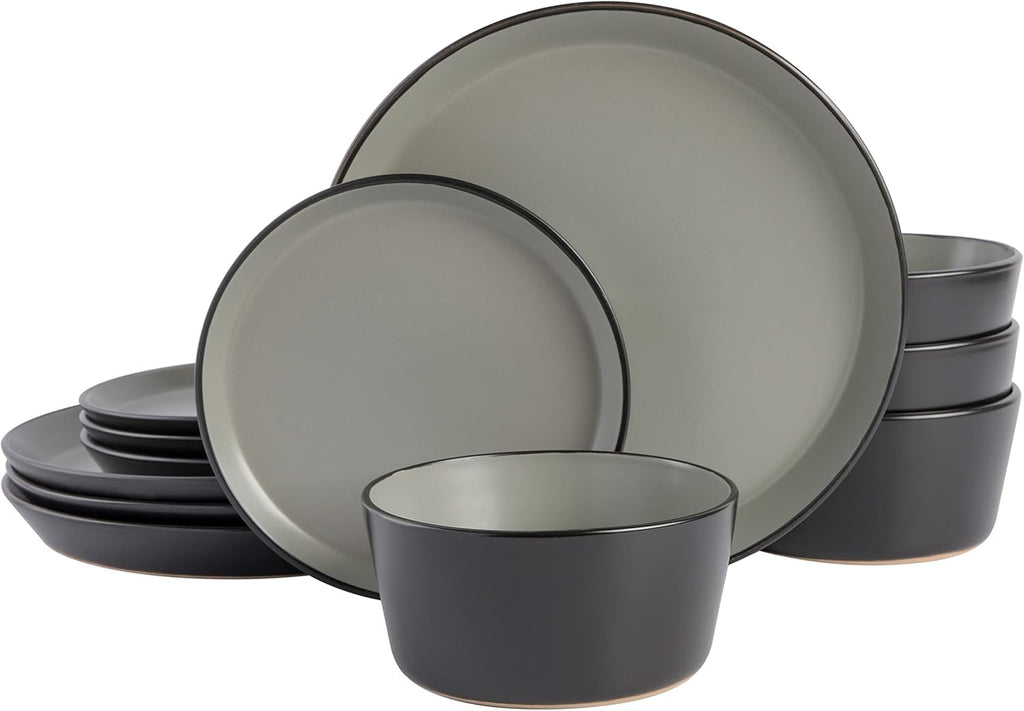 Sofia Coupe 12-Piece Stoneware Dinnerware Set, Service for 4 – Grey Plates and Bowls