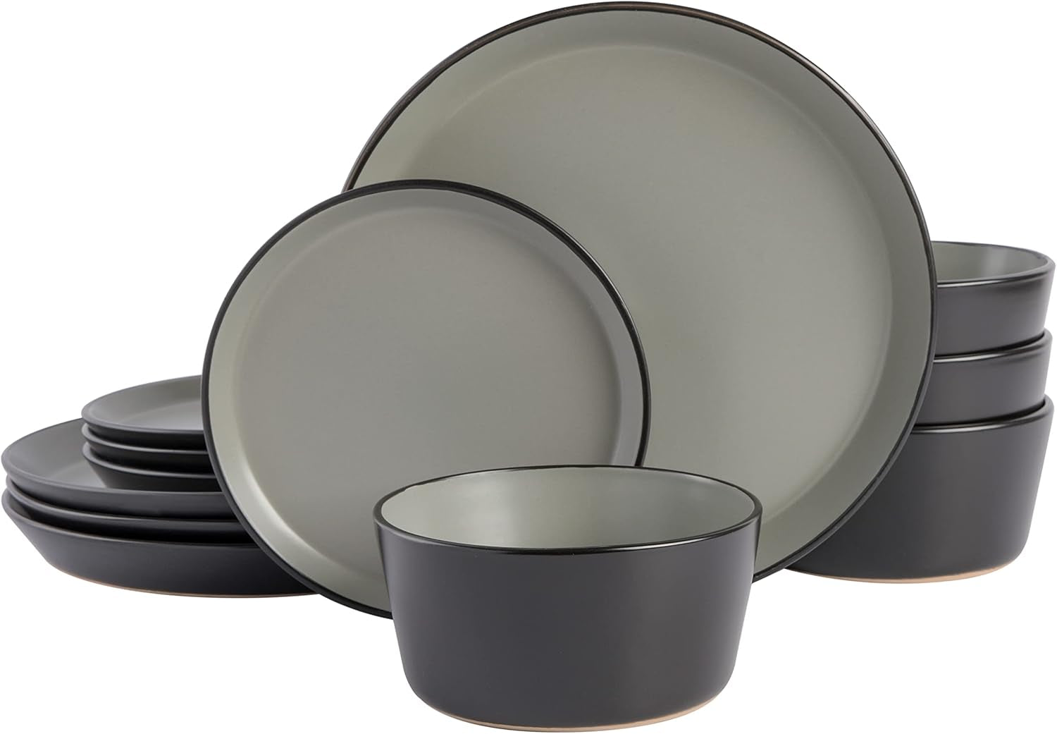 Sofia Coupe 12-Piece Stoneware Dinnerware Set, Service for 4 – Grey Plates and Bowls