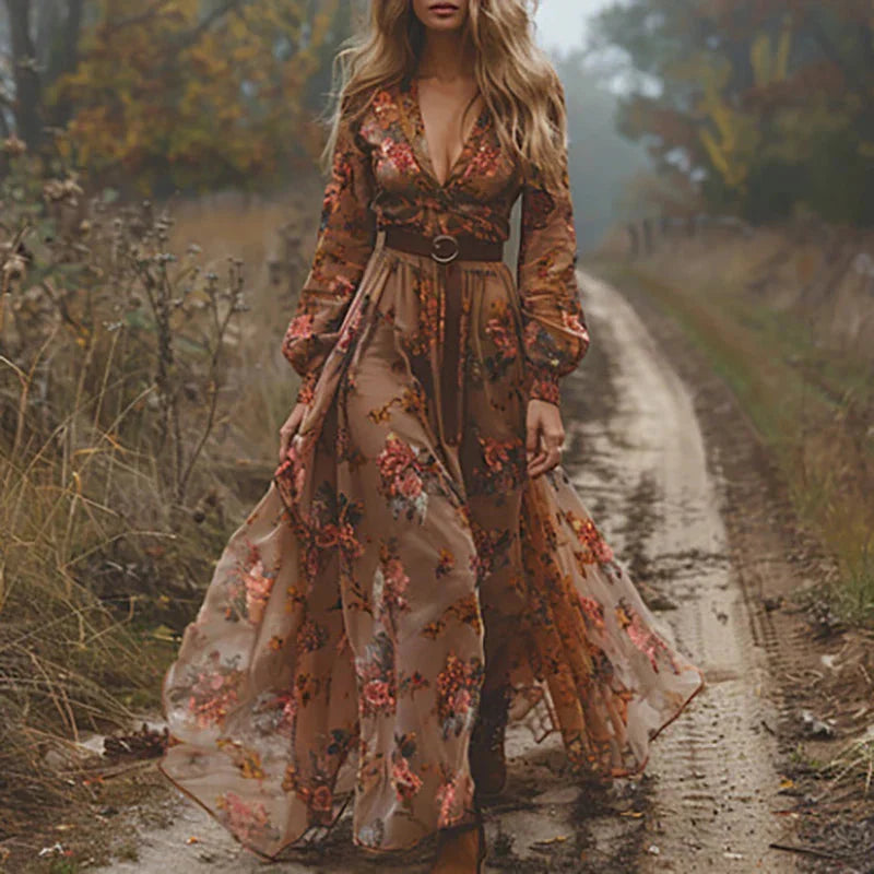 Women's Floral Pleated Maxi Dress | Bohemian Summer Gown