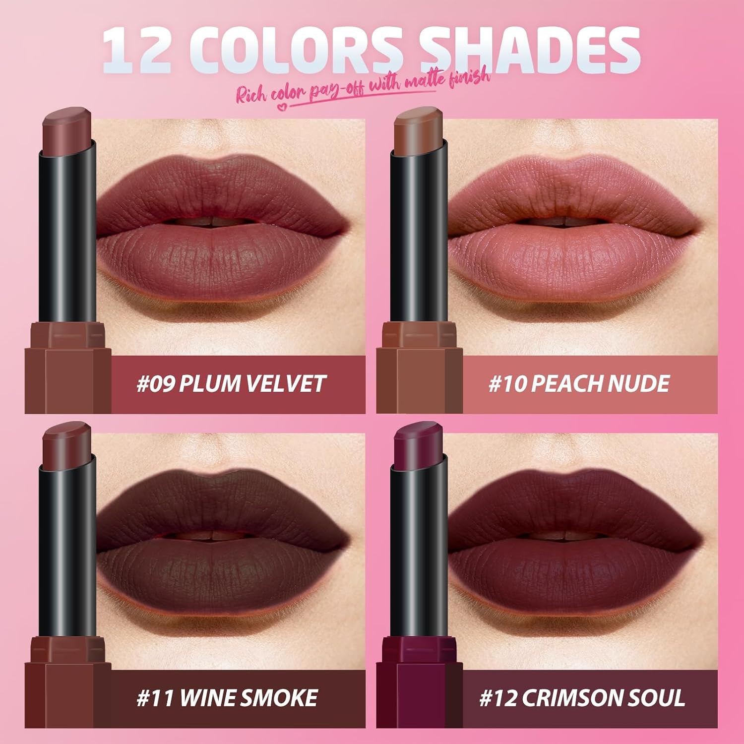 10Pcs Velvet Matte Lipstick Nude Matte Soft Dark Color Stick High Pigmented Long-Lasting Waterproof Lip Stick Lip Balm Beauty Cosmetics Gift for Women(Curated 10-Shade Set)
