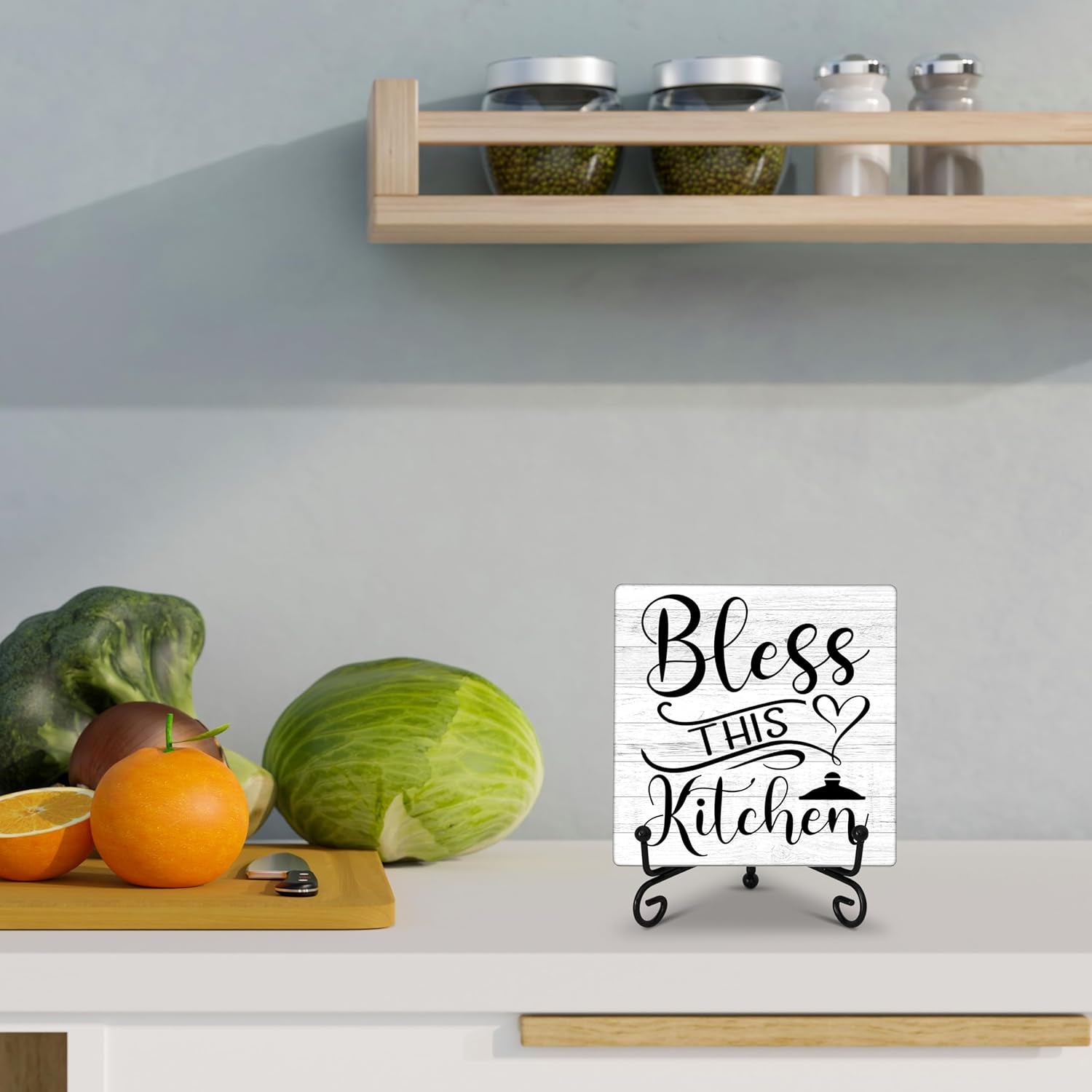Kitchen Counter Decor, Table Decorations for Dining Room, Blessd Sign, Fun Farmhouse Kitchen Wooden Plaque with Iron Stand for Table Shelf Display-A02