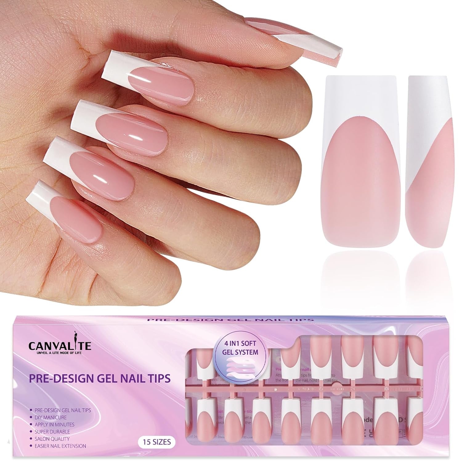 French Tip Press on Nails - 300Pcs Pre-Colored Quick and Easy Press on Nails Long Square Fake Nails with Designs DIY Gel Nail Tips, Pink White