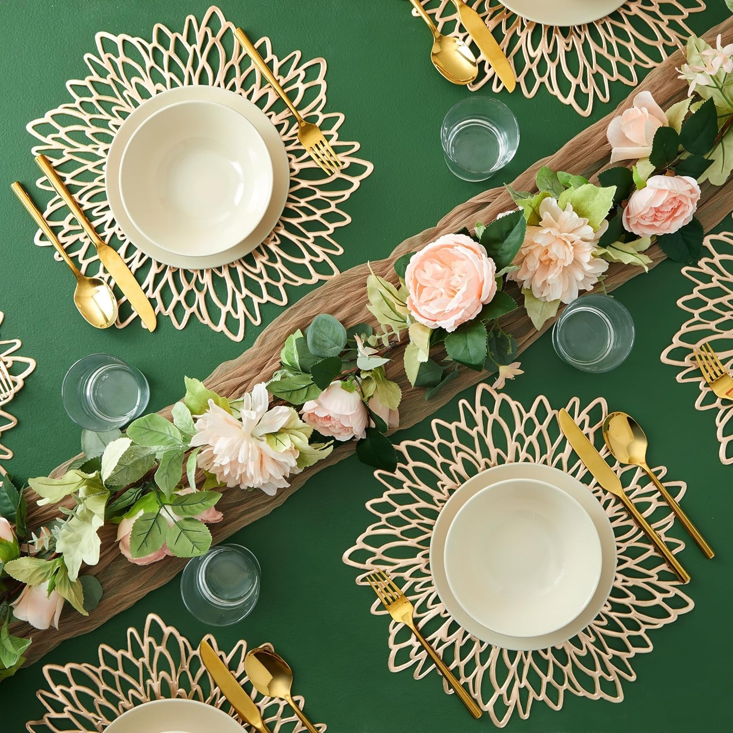 10 Pack Gold Vinyl Placemats - 14.4" X 14.4" round Table Mats and Plate Chargers with Leaf Design for Elegant Table Decor and Protection - Stylish Charger Plates for Events and Wedding Parties