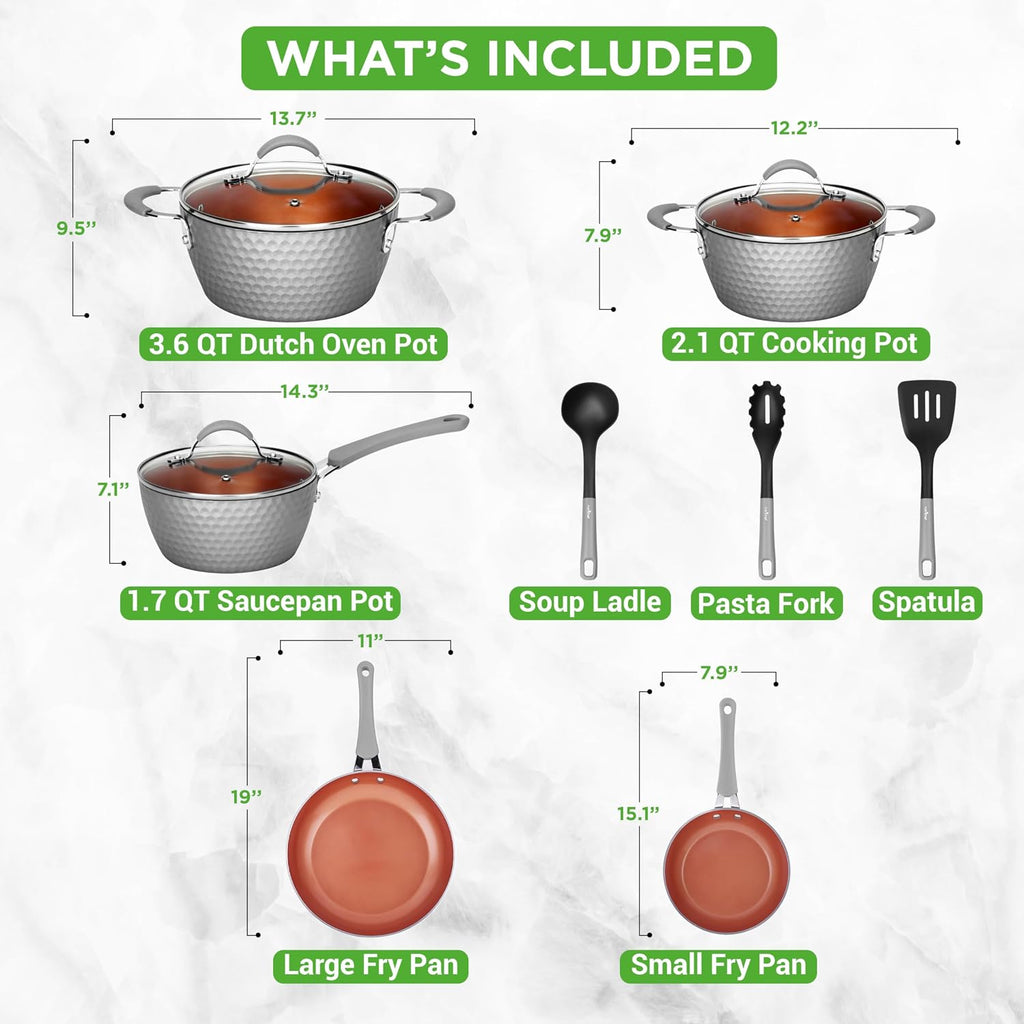 11 Piece Nonstick Ceramic Cookware Set - Pots and Pans Set with Ergonomic Handles, Induction Ready, Includes Saucepan, Dutch Oven, Large & Small Fry Pans