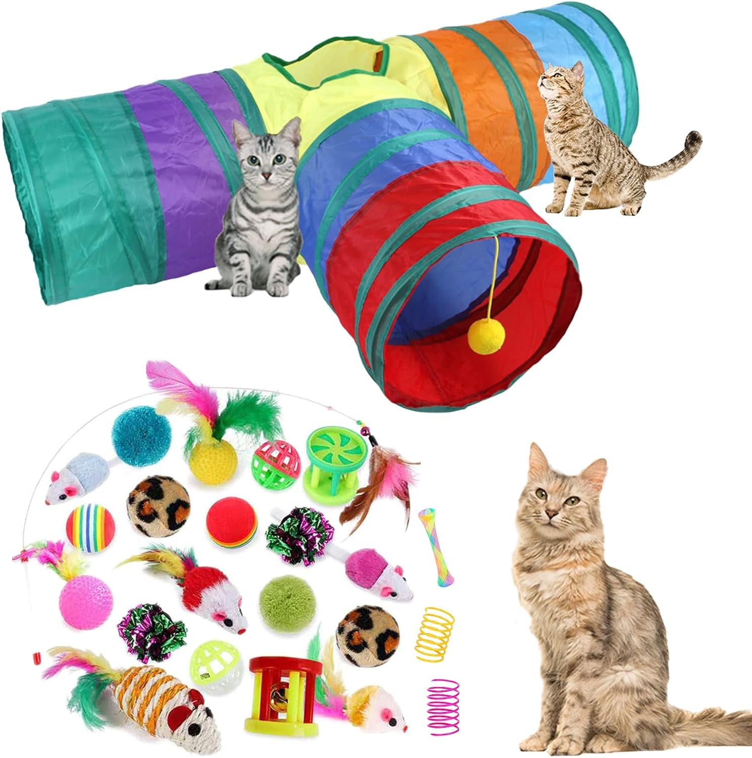32Pcs Cat Toys Kitten Interactive Pet Toys Assortments, Foldable Rainbow Tunnel,