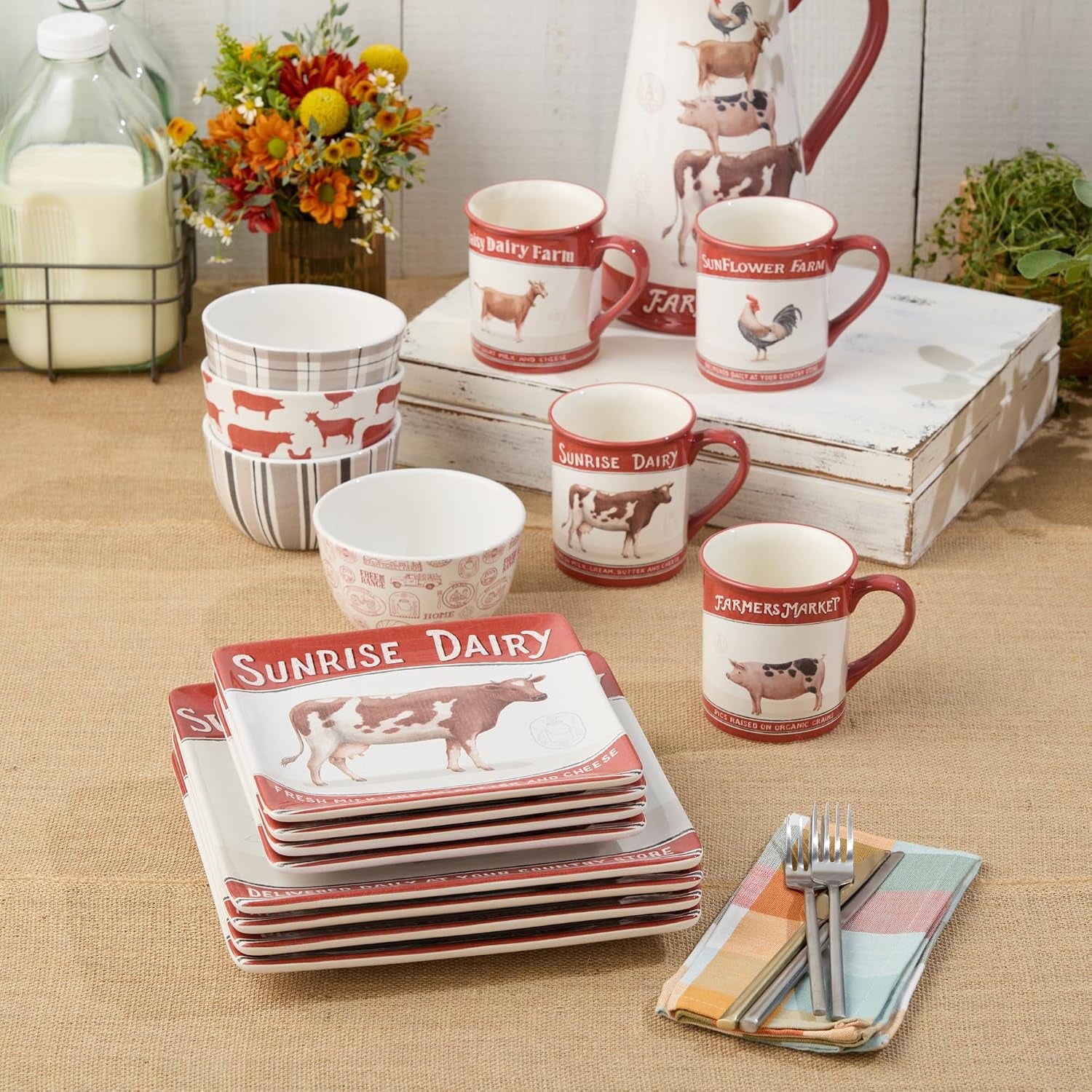 Vintage Farm 16-Piece Dinnerware Set, Includes 10.5-Inch Dinner Plates, 8.5-Inch Salad Plates, 16-Oz Mugs & 5.25-Inch Bowls, Farm Animal Design with Red Accents, Rustic & Dishwasher Safe