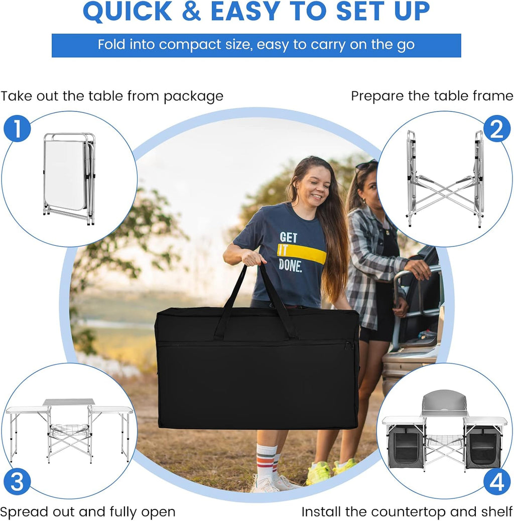 Folding Camping Table, 2-Tier Aluminum Camping Kitchen Table with Windscreen, Cook Station, Portable Camp Cook Table with Storage Organizer Shelves, Carry Bag, Ideal for Picnic, BBQ, Party