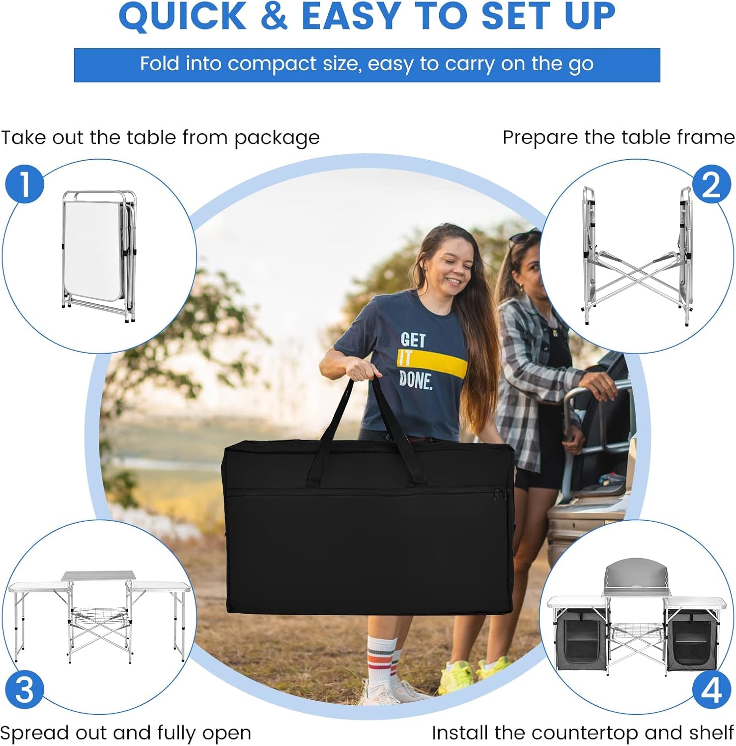 Folding Camping Table, 2-Tier Aluminum Camping Kitchen Table with Windscreen, Cook Station, Portable Camp Cook Table with Storage Organizer Shelves, Carry Bag, Ideal for Picnic, BBQ, Party