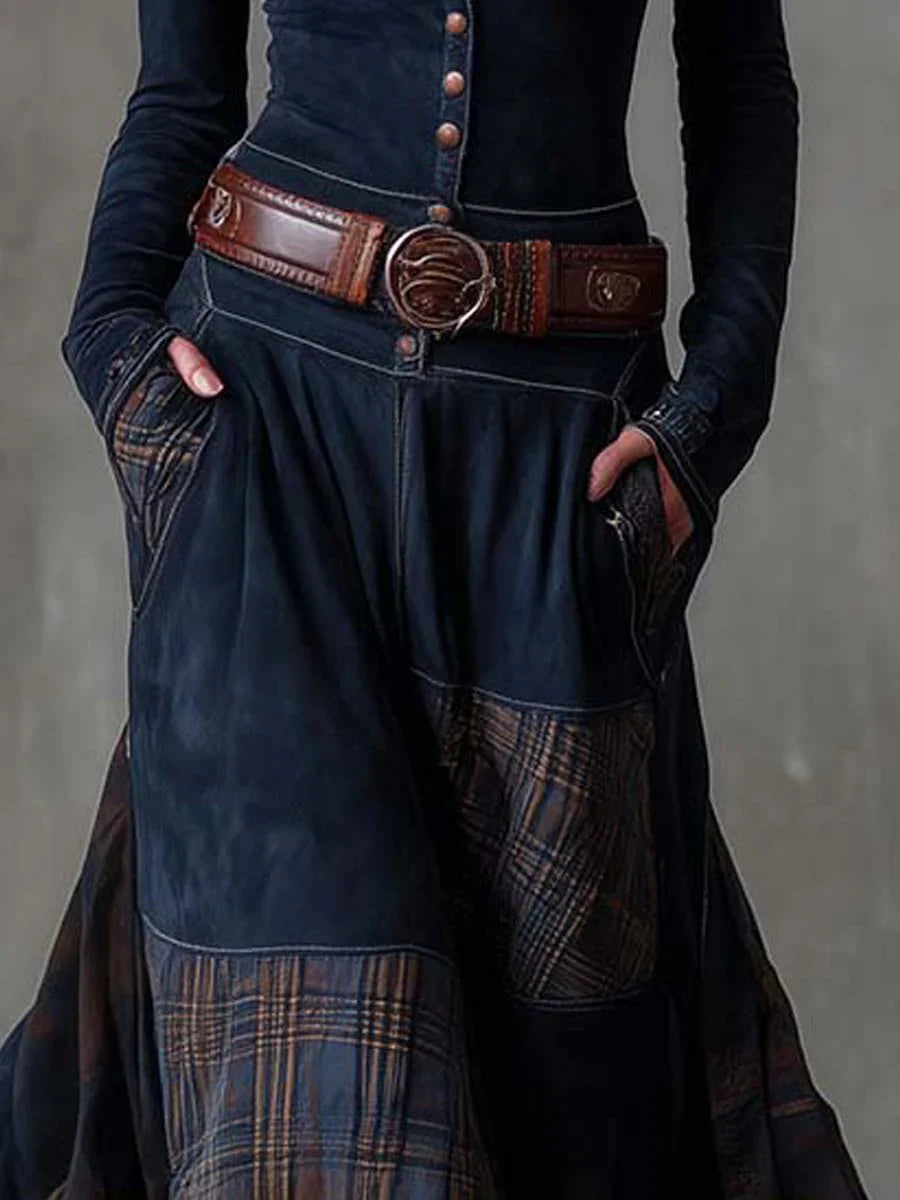 Leonora | Vintage Long Dress in Navy Blue Suede Check (Includes Belt)
