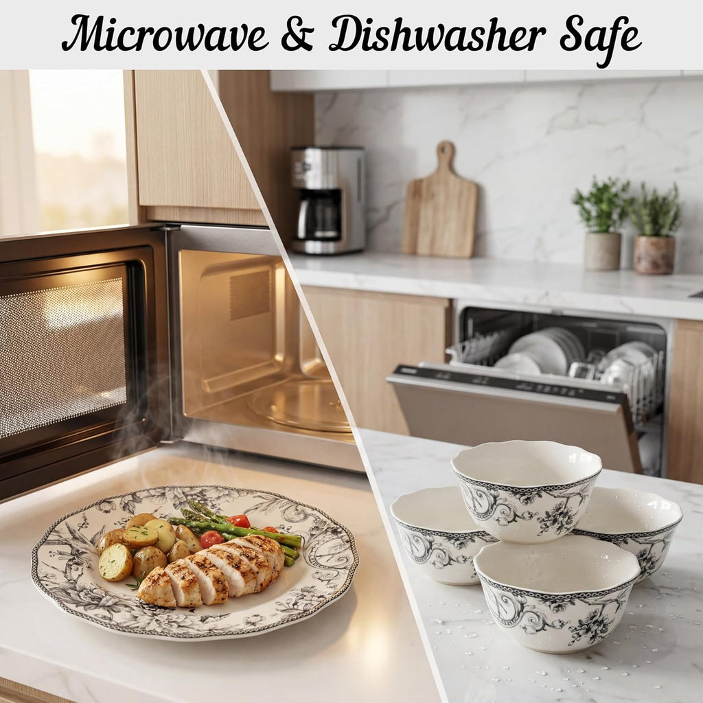 Adelaide 16-Piece Casual Grey Porcelain Dinnerware Set – Service for 4, Classic Toile Bird & Floral Design, Microwave & Dishwasher Safe, for Everyday Dining & Entertainment