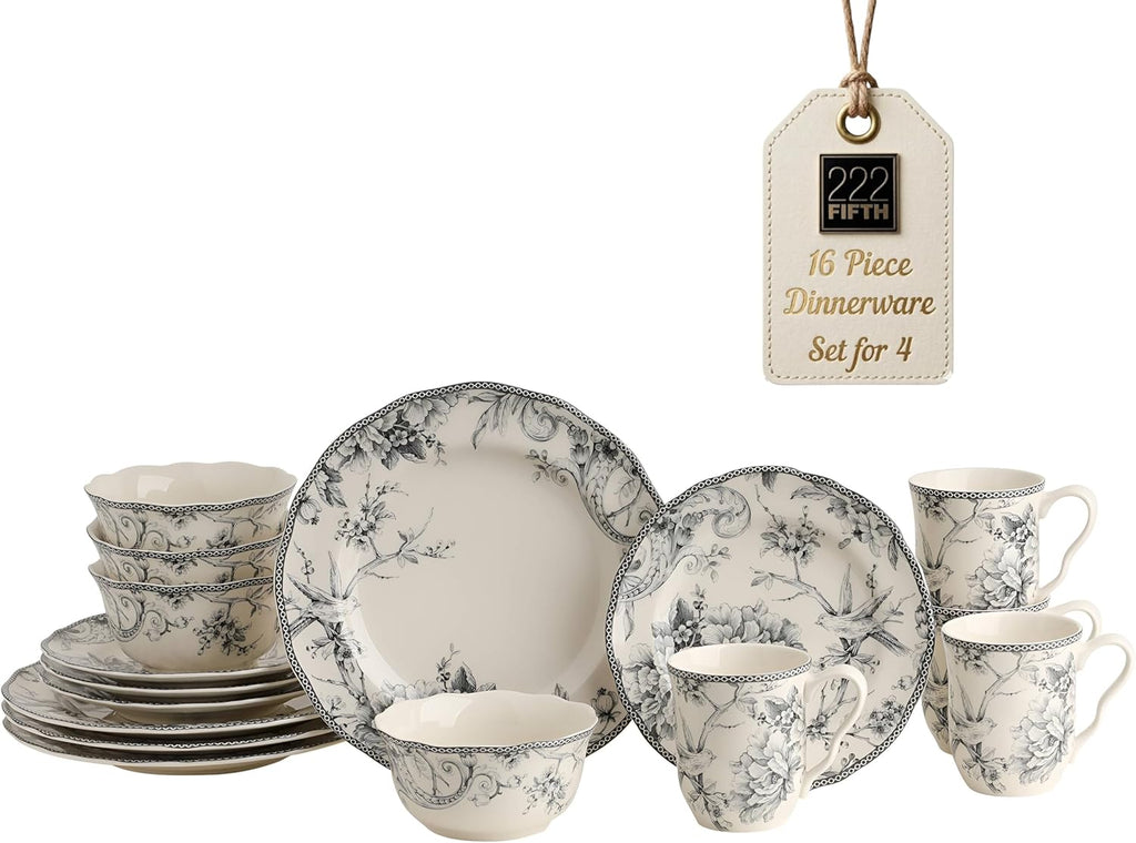 Adelaide 16-Piece Casual Grey Porcelain Dinnerware Set – Service for 4, Classic Toile Bird & Floral Design, Microwave & Dishwasher Safe, for Everyday Dining & Entertainment