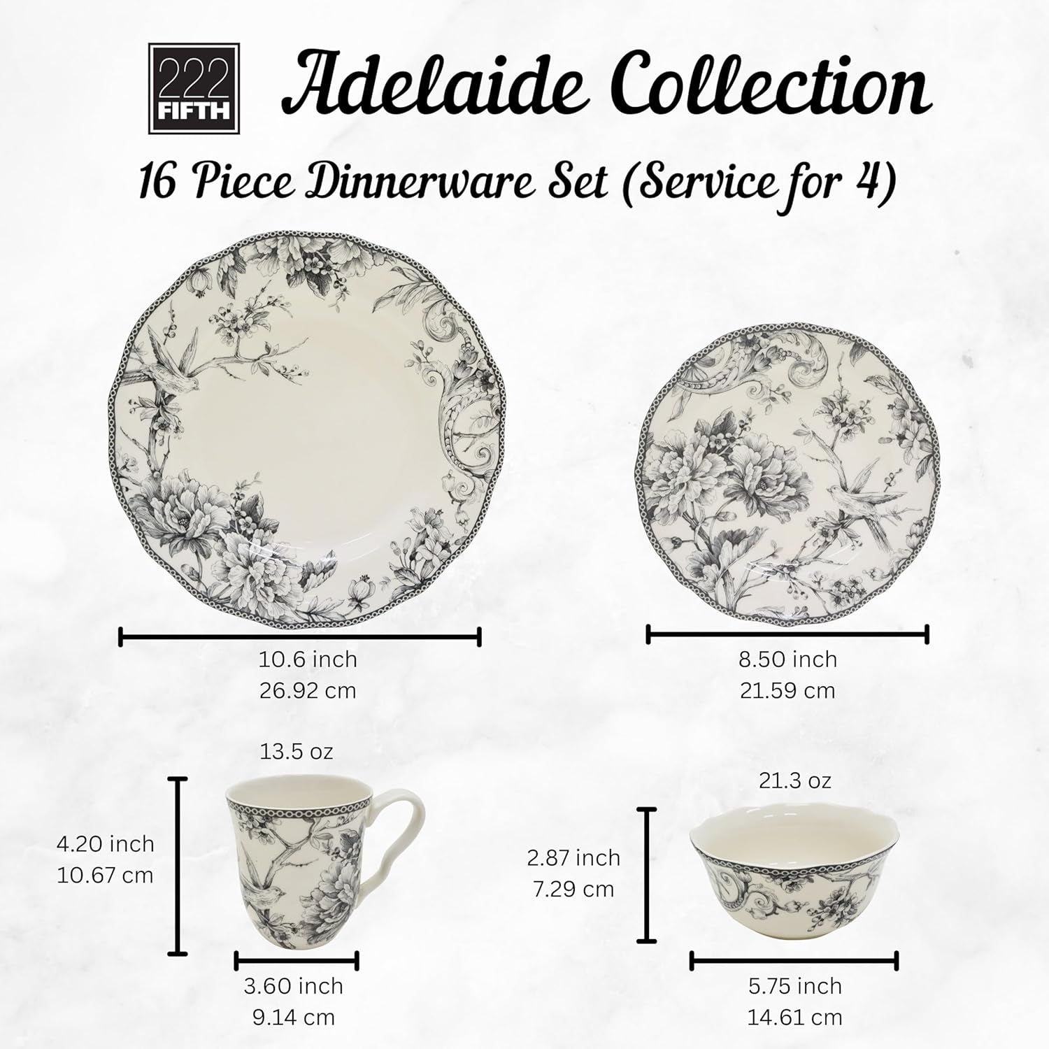 Adelaide 16-Piece Casual Grey Porcelain Dinnerware Set – Service for 4, Classic Toile Bird & Floral Design, Microwave & Dishwasher Safe, for Everyday Dining & Entertainment