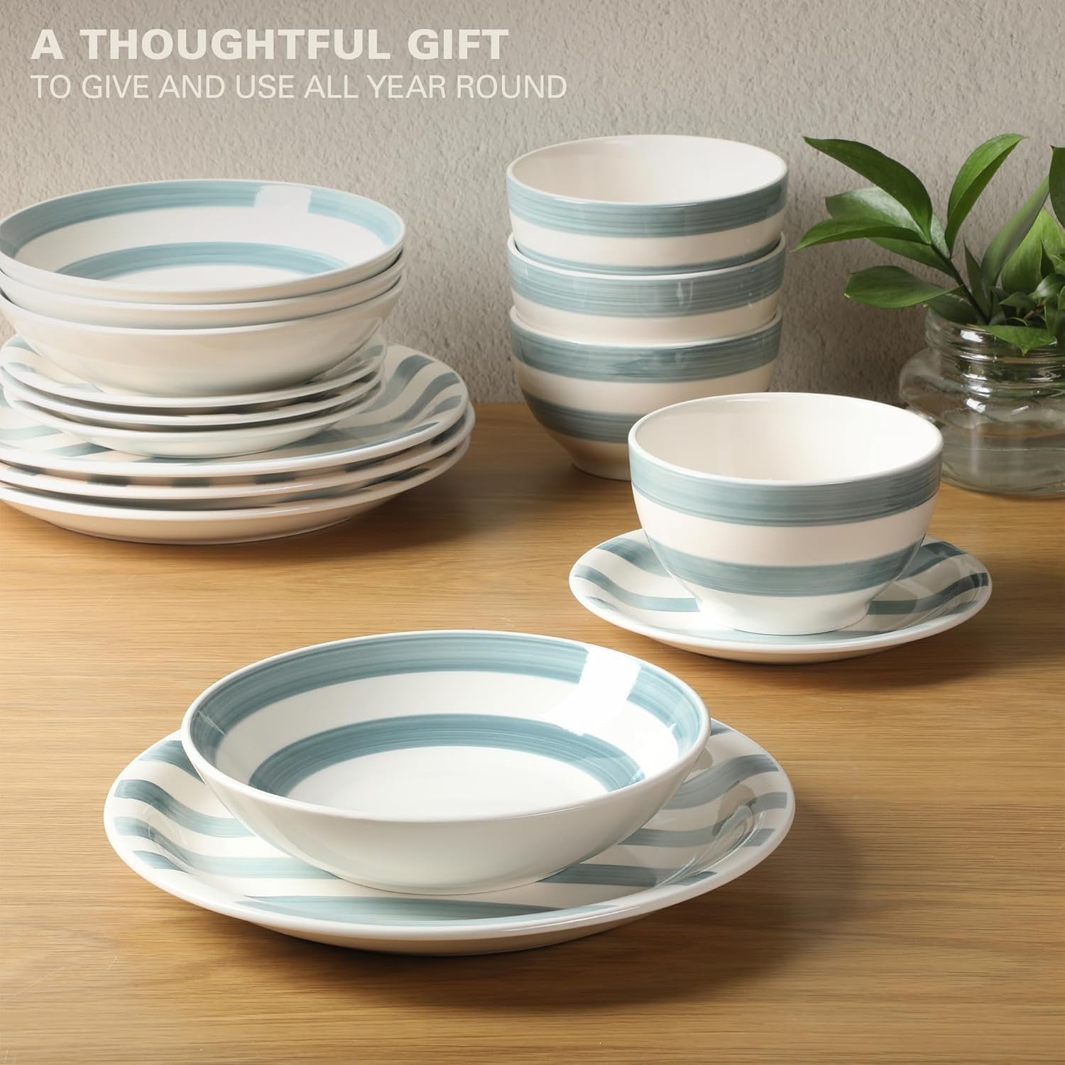 Kenwood Shores 16 Piece Dinnerware Set, Blue Striped, Hand-Painted Stoneware Dishes, Plates and Bowls, Service for 4, Microwave & Dishwasher Safe