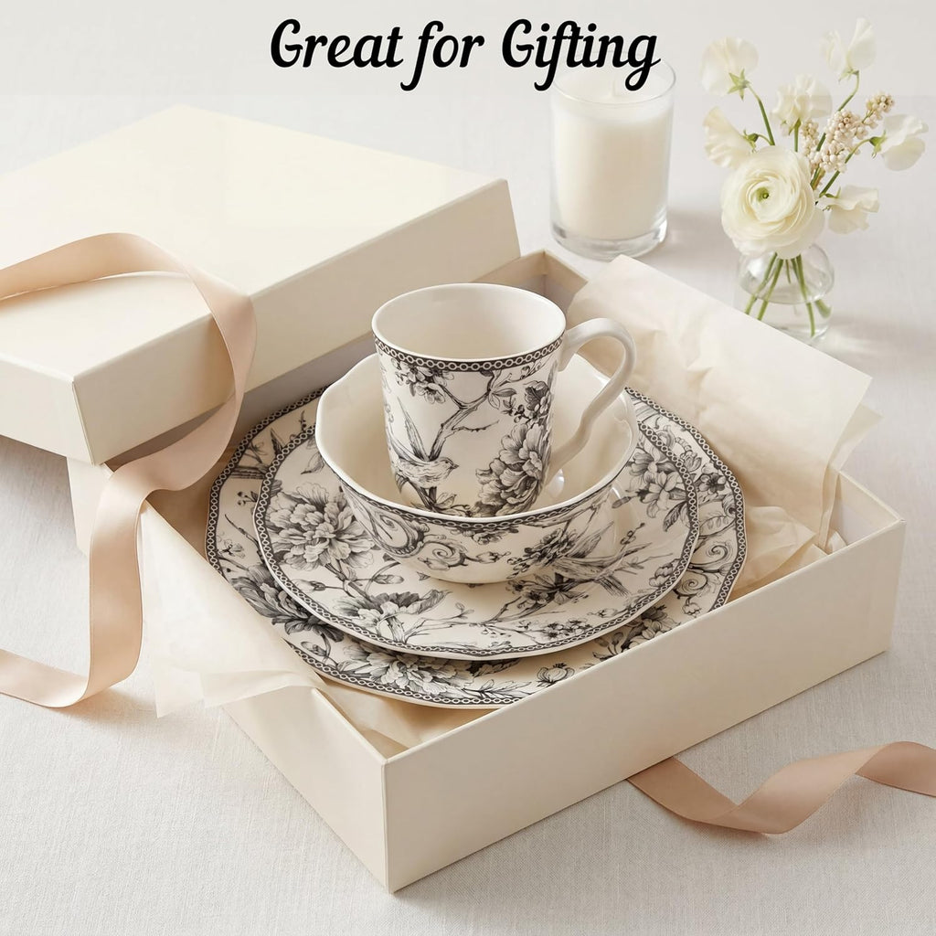 Adelaide 16-Piece Casual Grey Porcelain Dinnerware Set – Service for 4, Classic Toile Bird & Floral Design, Microwave & Dishwasher Safe, for Everyday Dining & Entertainment