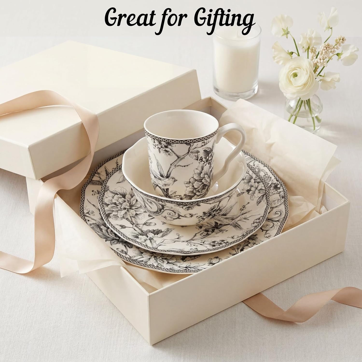 Adelaide 16-Piece Casual Grey Porcelain Dinnerware Set – Service for 4, Classic Toile Bird & Floral Design, Microwave & Dishwasher Safe, for Everyday Dining & Entertainment