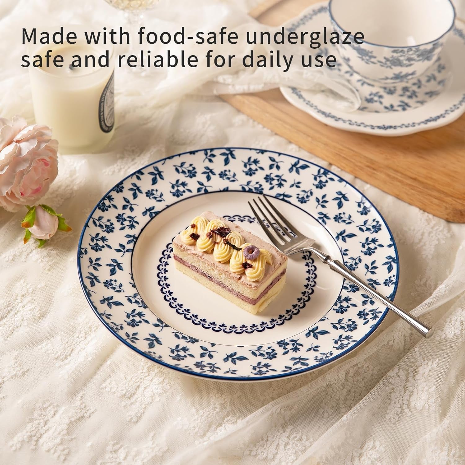 Dinnerware Set, Blue Manor 18-Piece Ceramic Dishware Set, Underglaze Floral Pattern, Premium Porcelain Dish Set for 6, Includes Plates & Bowls, Dishwasher Safe