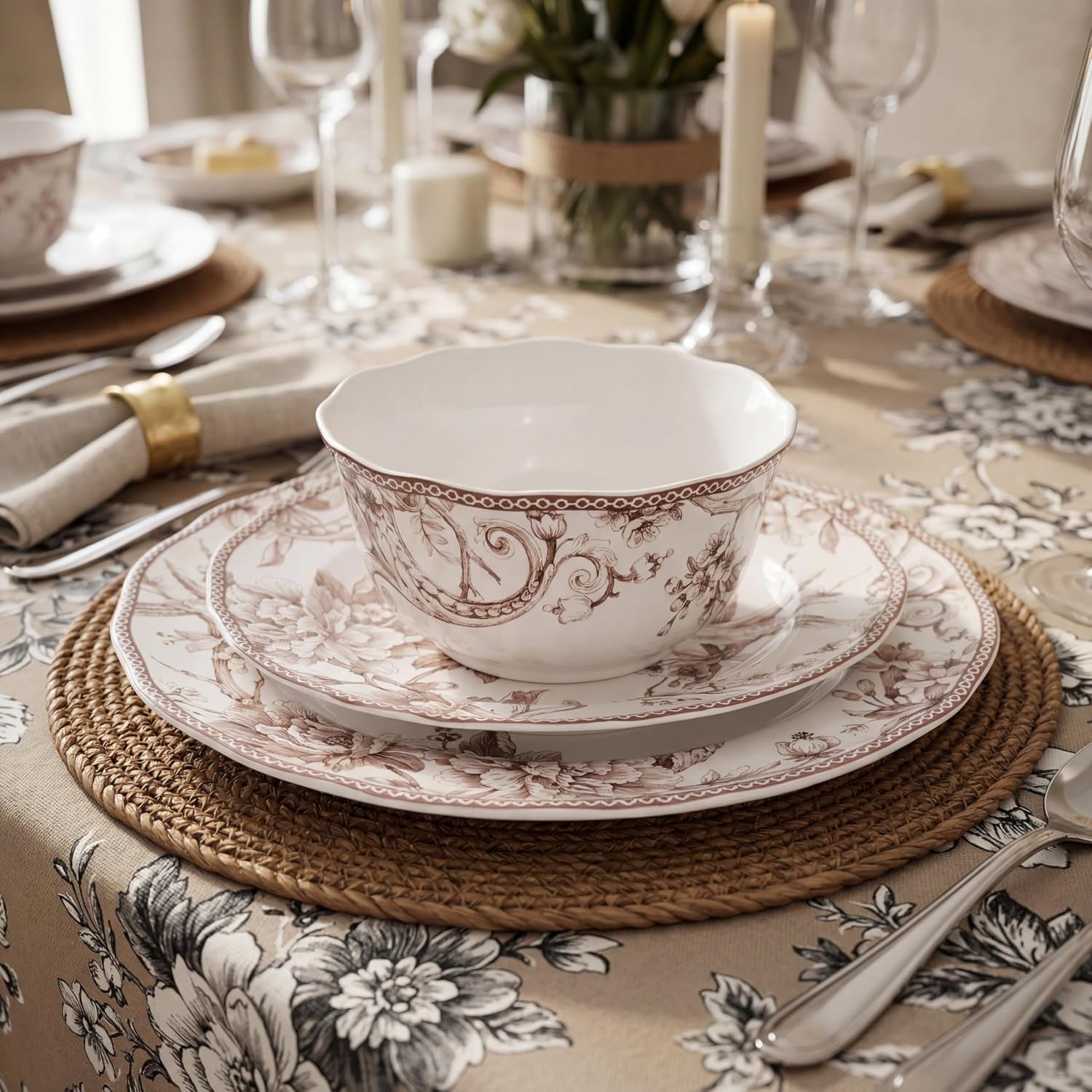 Adelaide Brown on White 12-Piece Dinnerware Set – Service for 4, Big Dinner Plates and Bowls Sets,Durable Porcelain, Microwave and Dishwasher Safe, for Everyday Dining & Entertainment