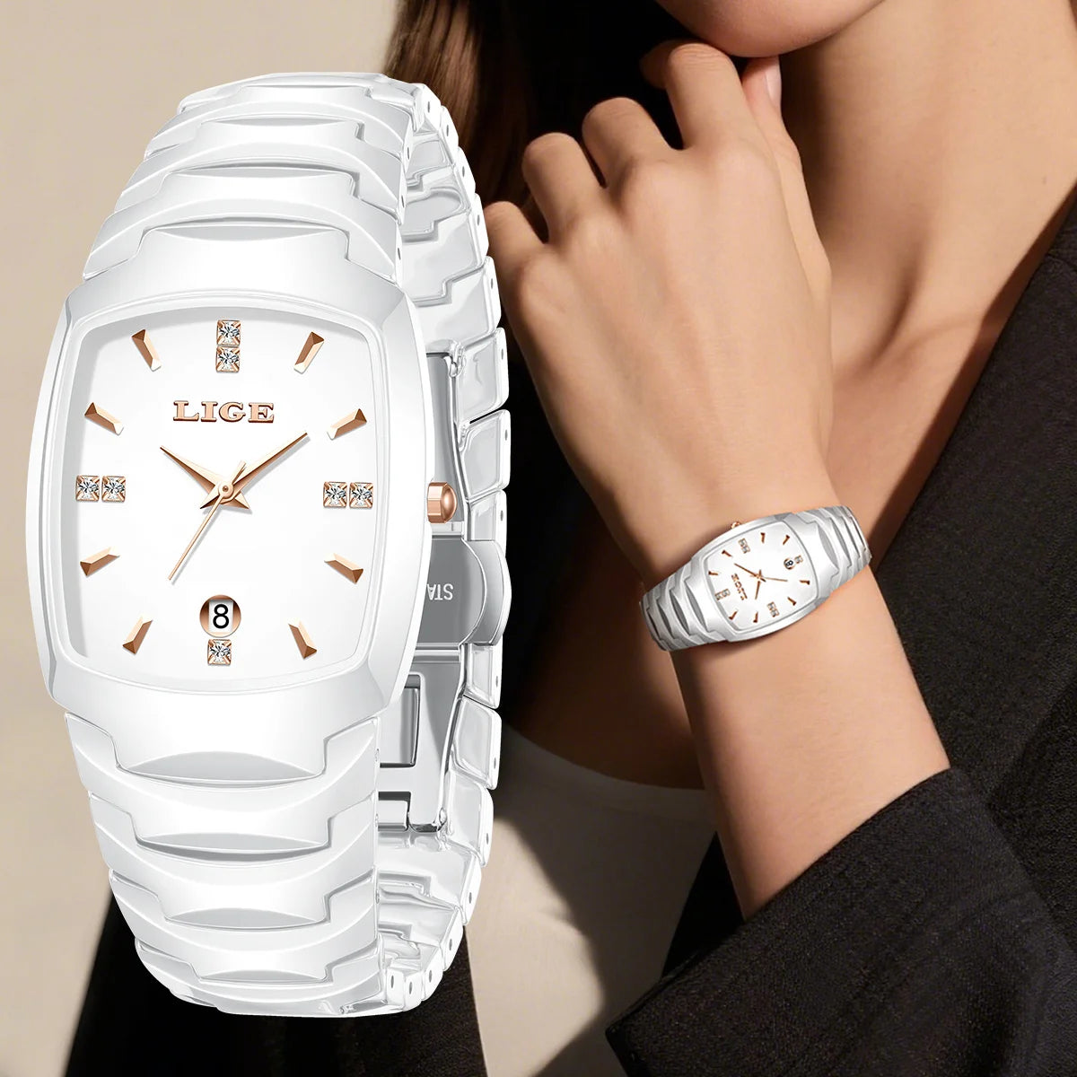 Casual Elegant Women Watch Fashion White Ceramic Strap Calendar Quartz Watch Waterproof Business Luxury Gift Ladies Watches