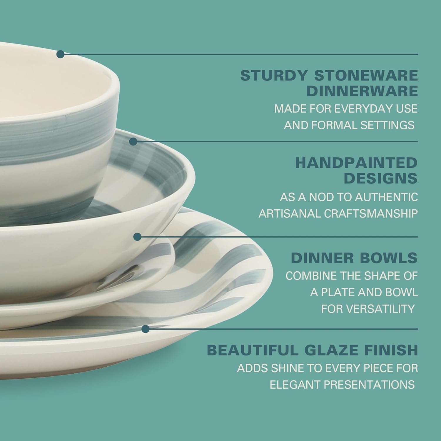 Kenwood Shores 16 Piece Dinnerware Set, Blue Striped, Hand-Painted Stoneware Dishes, Plates and Bowls, Service for 4, Microwave & Dishwasher Safe