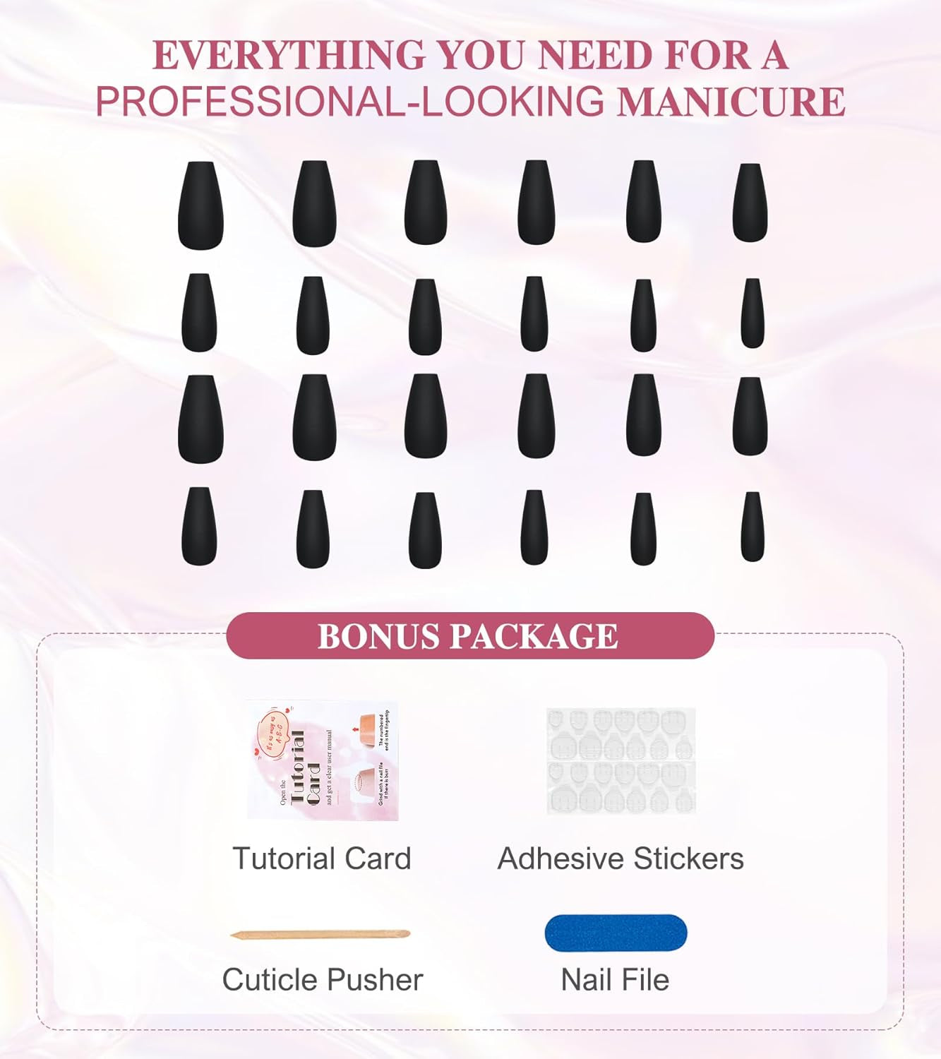 Press on Nails - Black Velvet Coffin Matte Fake Nails, Long, Solid Color Stick on Nails in 12 Sizes, 24PCS Glue on Nails
