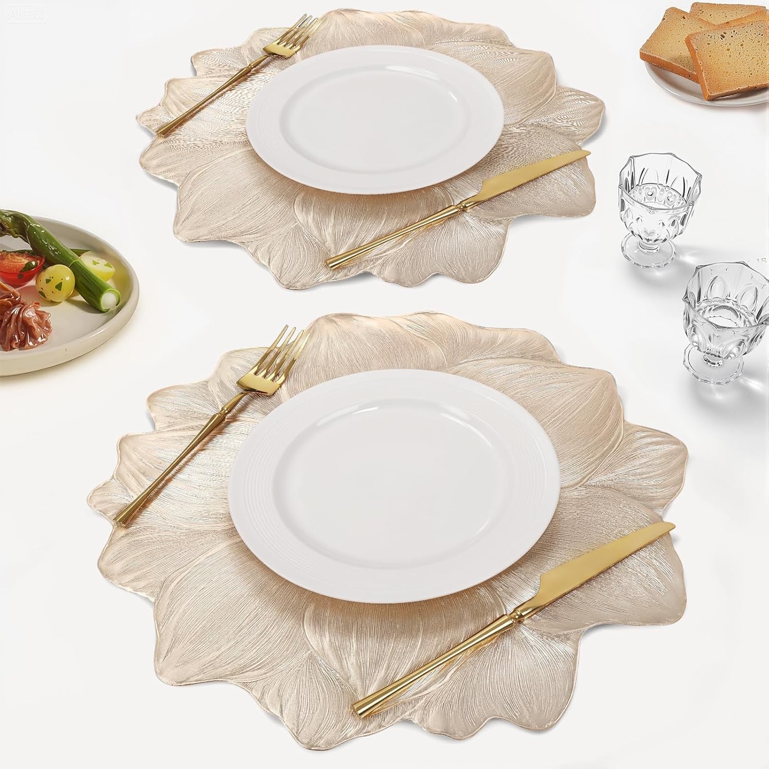 Gold Metallic round Placemats 15" Set of 6, Pressed Lotus Flower Design, Washable & Non-Slip Vinyl - Perfect for Dinner, Holiday, Wedding Decor & Party Table Settings