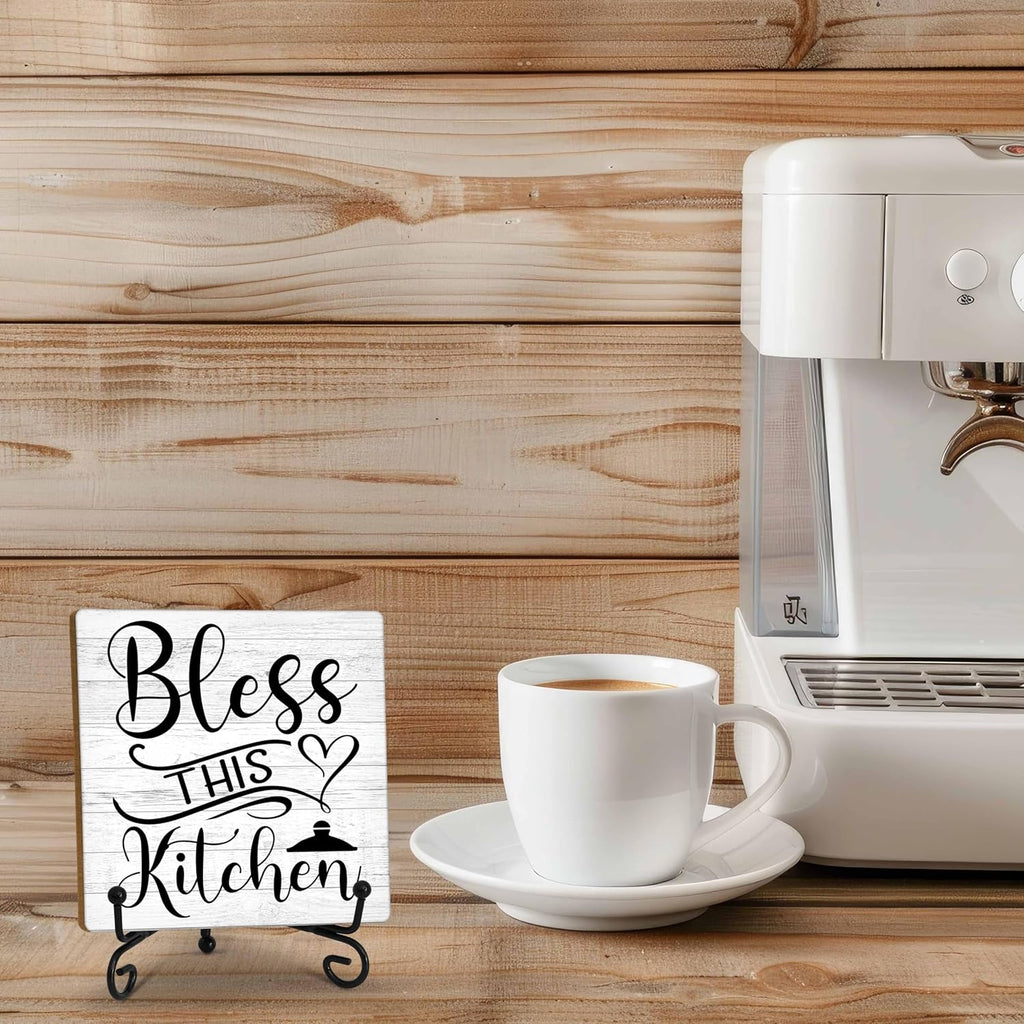Kitchen Counter Decor, Table Decorations for Dining Room, Blessd Sign, Fun Farmhouse Kitchen Wooden Plaque with Iron Stand for Table Shelf Display-A02