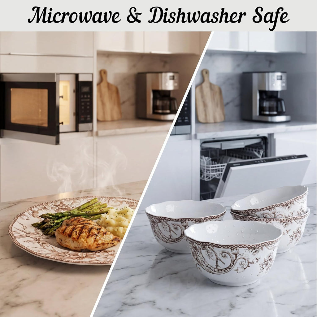 Adelaide Brown on White 12-Piece Dinnerware Set – Service for 4, Big Dinner Plates and Bowls Sets,Durable Porcelain, Microwave and Dishwasher Safe, for Everyday Dining & Entertainment
