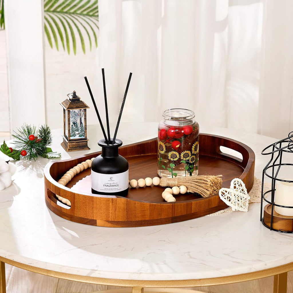 Acacia Wood Serving Tray with Handles, Decorative Ottoman Tray Platter for Breakfast in Bed, Living Room, Coffee Table, Lunch, Dinner, Bathroom, Candle Display,16.5"X13"
