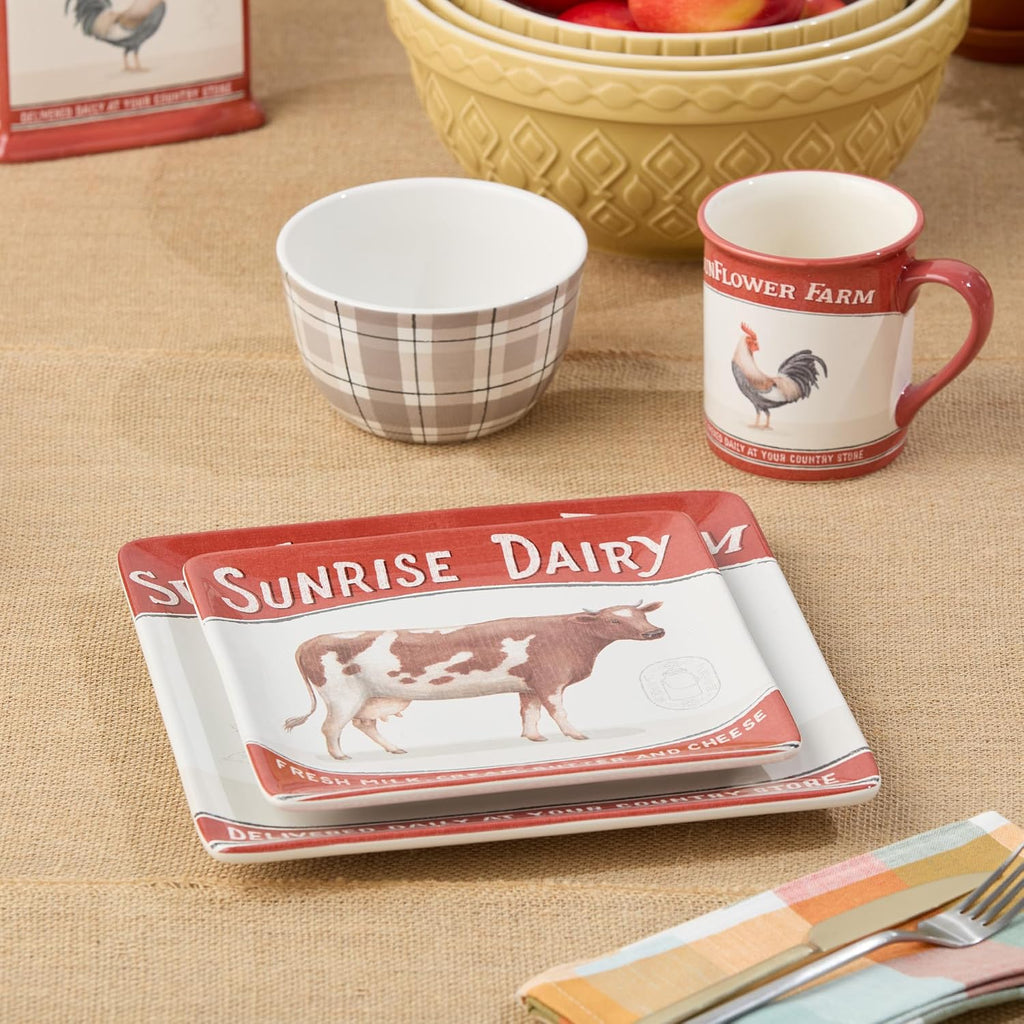 Vintage Farm 16-Piece Dinnerware Set, Includes 10.5-Inch Dinner Plates, 8.5-Inch Salad Plates, 16-Oz Mugs & 5.25-Inch Bowls, Farm Animal Design with Red Accents, Rustic & Dishwasher Safe