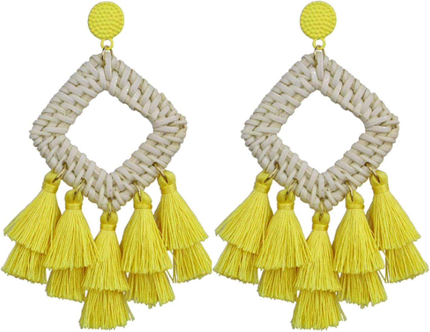 Bohemia Tassel Earrings Statement Handmade Dangle Ethnic Fringe Earrings Bamboo Weaving Geometric Square Sector Gifts for Women