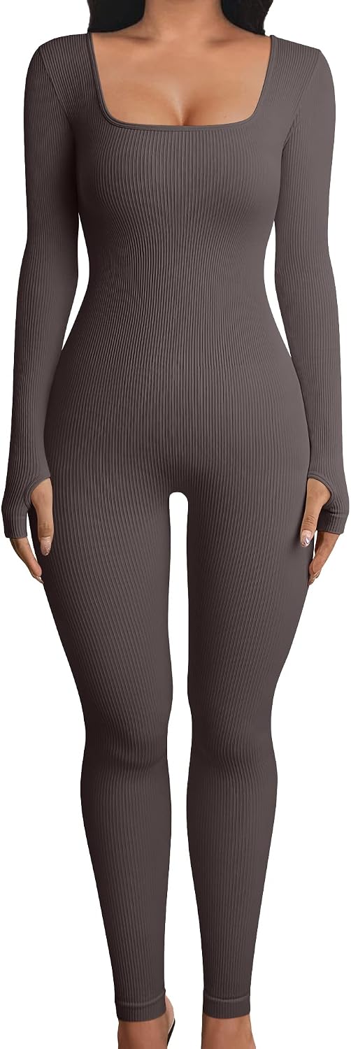 Women Long Sleeve Yoga Jumpsuits Workout Ribbed Bodysuits Pants Sexy One Piece