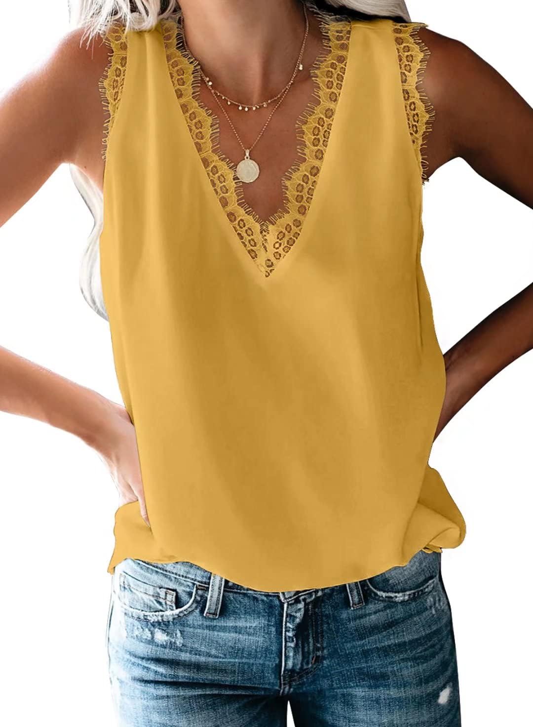 Women Tank Tops V Neck Sleeveless Lace Blouse Casual Vest Summer Camisole Shirts