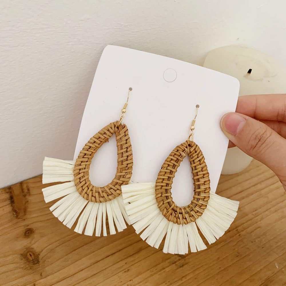 Bohemia Tassel Earrings Statement Handmade Dangle Ethnic Fringe Earrings Bamboo Weaving Geometric Square Sector Gifts for Women