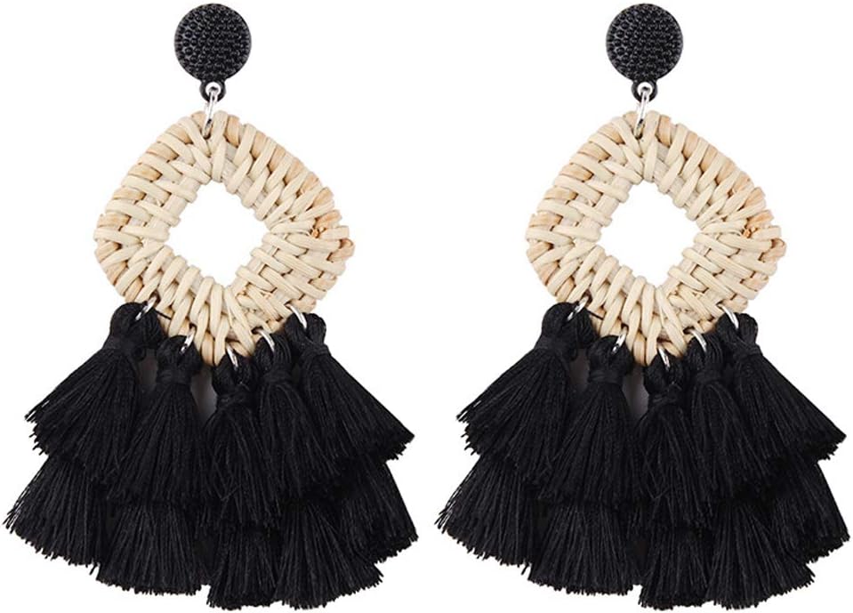 Bohemia Tassel Earrings Statement Handmade Dangle Ethnic Fringe Earrings Bamboo Weaving Geometric Square Sector Gifts for Women