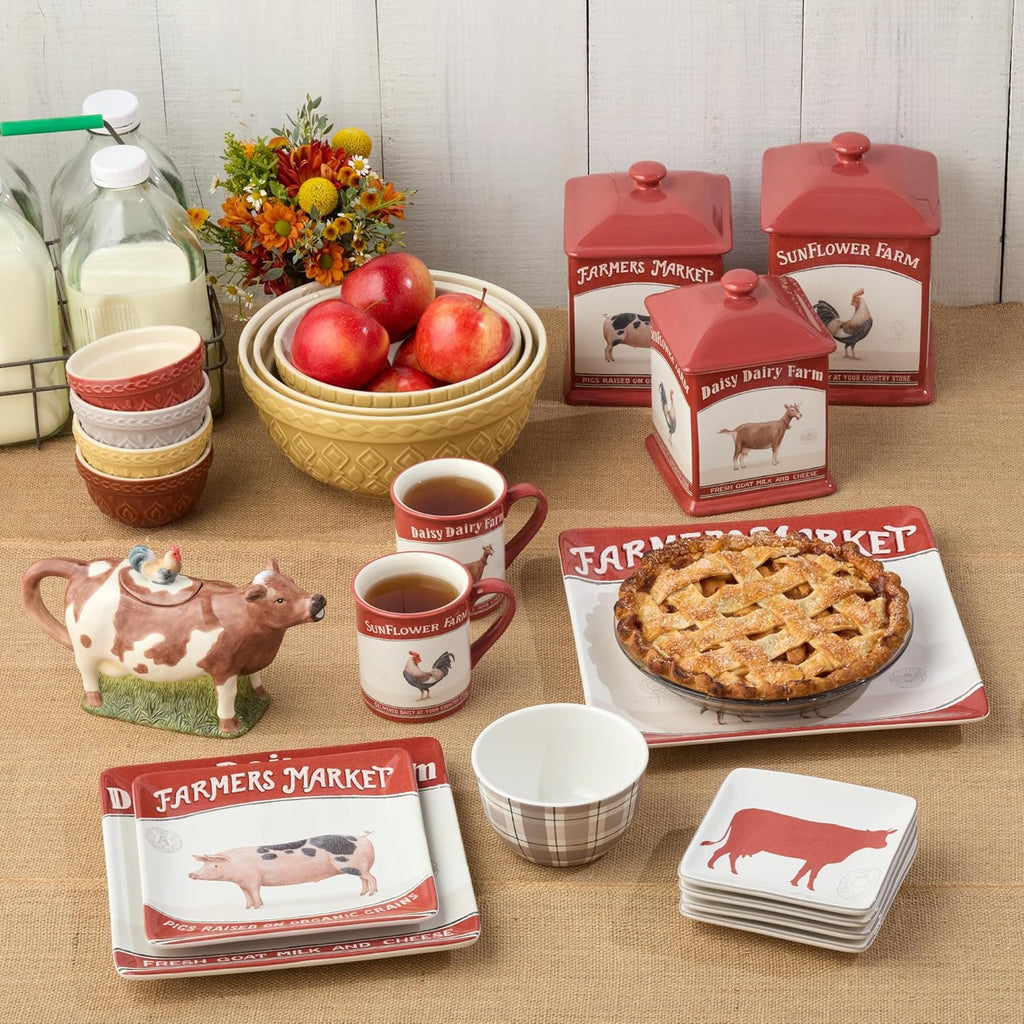 Vintage Farm 16-Piece Dinnerware Set, Includes 10.5-Inch Dinner Plates, 8.5-Inch Salad Plates, 16-Oz Mugs & 5.25-Inch Bowls, Farm Animal Design with Red Accents, Rustic & Dishwasher Safe