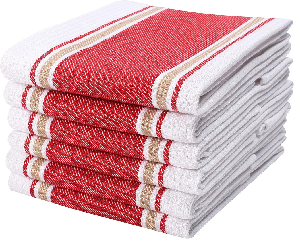 100% Cotton Kitchen Dish Towel Set of 6 Pack, Highly Absorbent Quick Drying, Machine Washable and Reusable Ultra Soft Tea Towel with Hanging Loop for Cleaning Dishes, 20X28 Inch Red