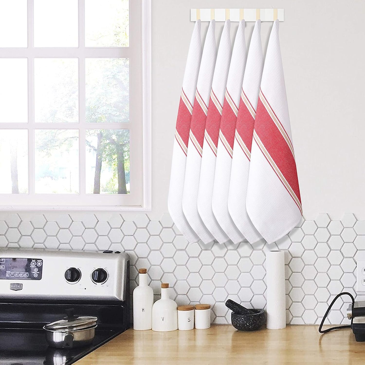 100% Cotton Kitchen Dish Towel Set of 6 Pack, Highly Absorbent Quick Drying, Machine Washable and Reusable Ultra Soft Tea Towel with Hanging Loop for Cleaning Dishes, 20X28 Inch Red