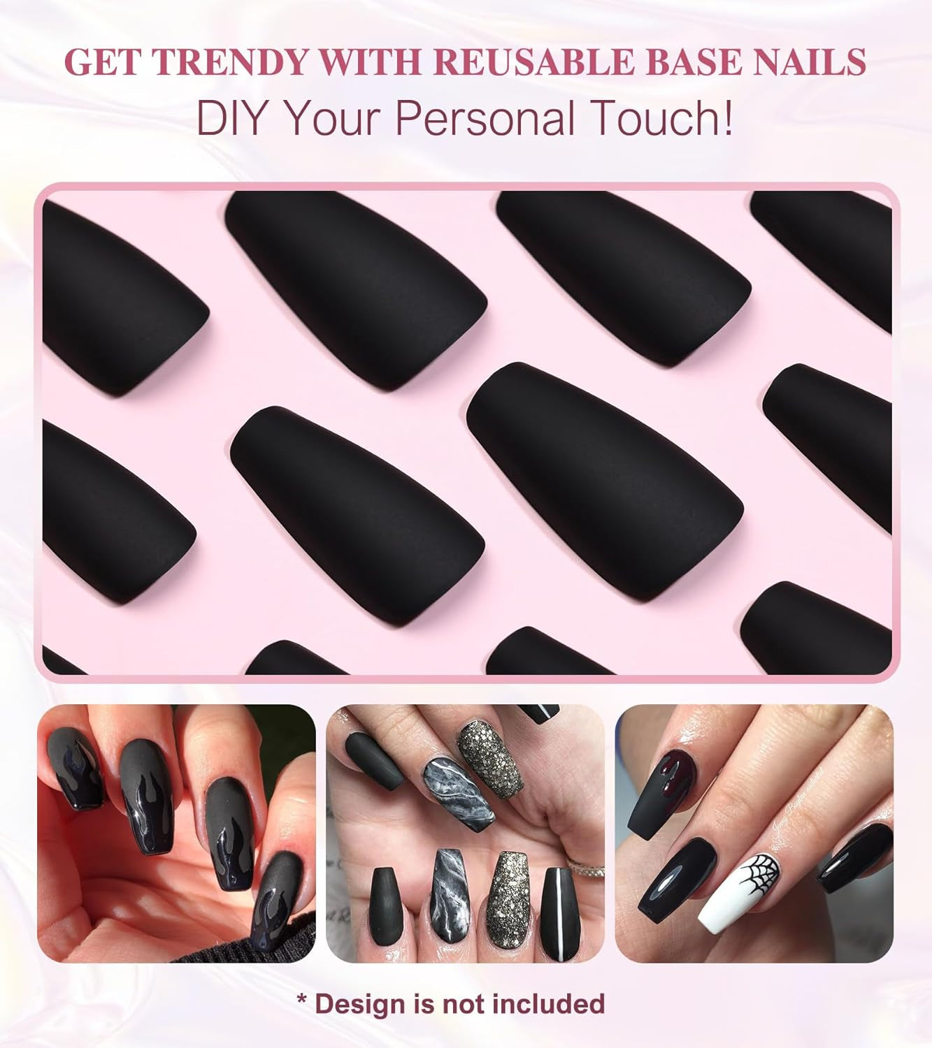 Press on Nails - Black Velvet Coffin Matte Fake Nails, Long, Solid Color Stick on Nails in 12 Sizes, 24PCS Glue on Nails
