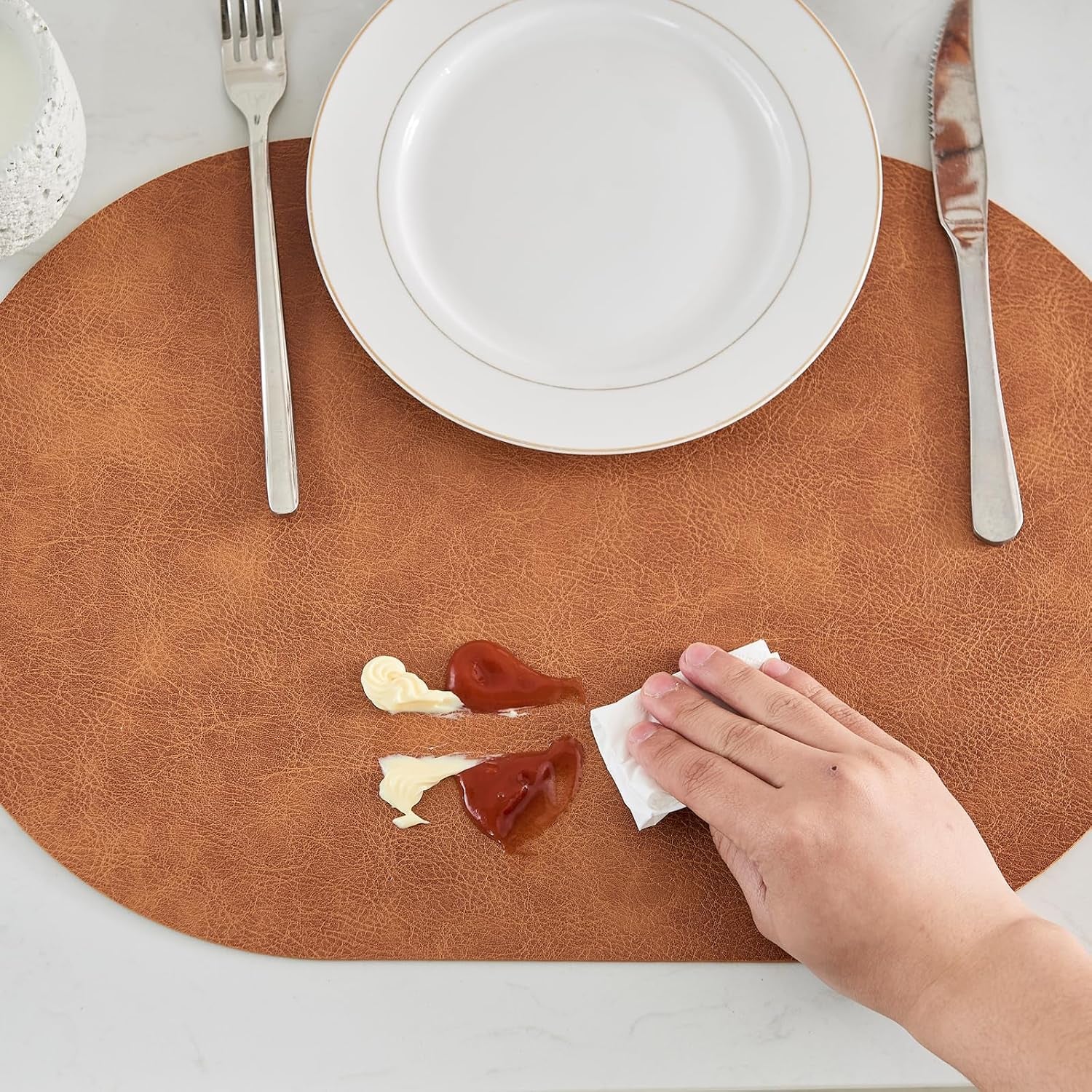 Faux Leather Placemats Set of 6, Heat Resistant Oval Placemats 12" X 18", Waterproof Non-Slip Dining Table Mats for Kitchen Farmhouse Modern Home Decor