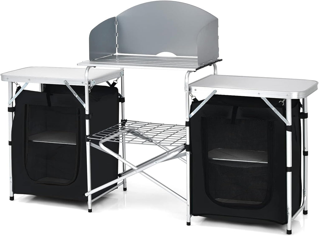 Folding Camping Table, 2-Tier Aluminum Camping Kitchen Table with Windscreen, Cook Station, Portable Camp Cook Table with Storage Organizer Shelves, Carry Bag, Ideal for Picnic, BBQ, Party