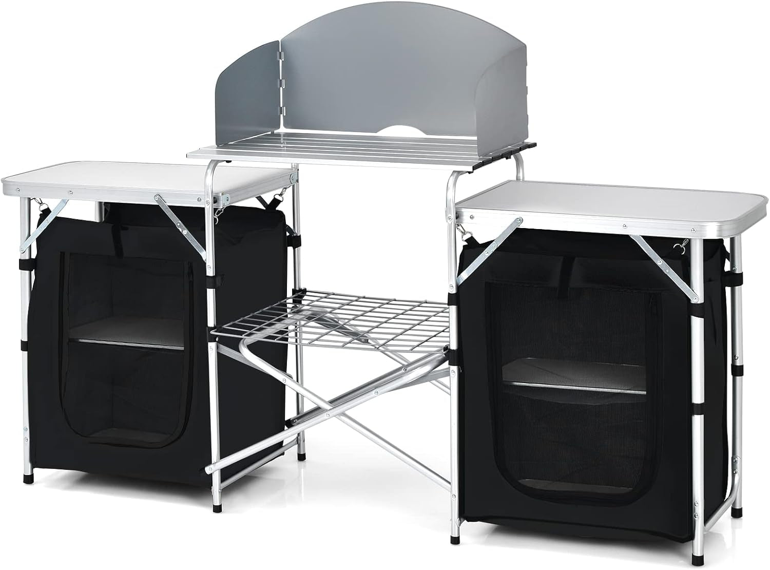 Folding Camping Table, 2-Tier Aluminum Camping Kitchen Table with Windscreen, Cook Station, Portable Camp Cook Table with Storage Organizer Shelves, Carry Bag, Ideal for Picnic, BBQ, Party