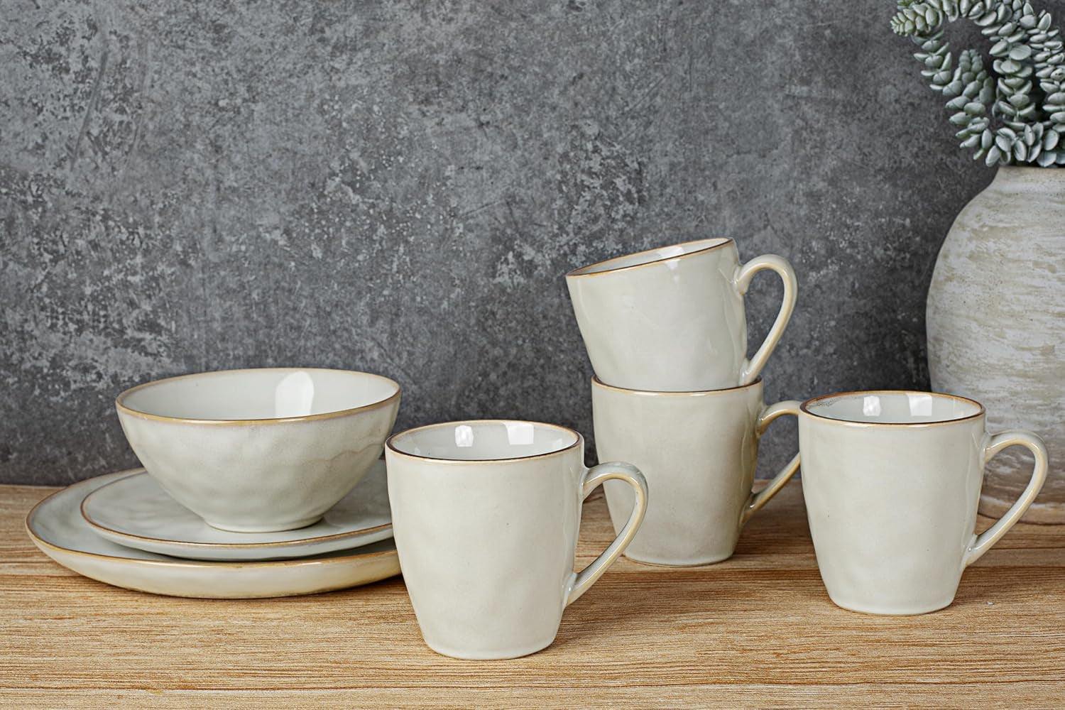Ocean round Plates and Bowls Sets for Kitchen, 16-Piece Dinnerware Sets for 4, Mug Set for 4, Reactive Glaze, Cappuccino White