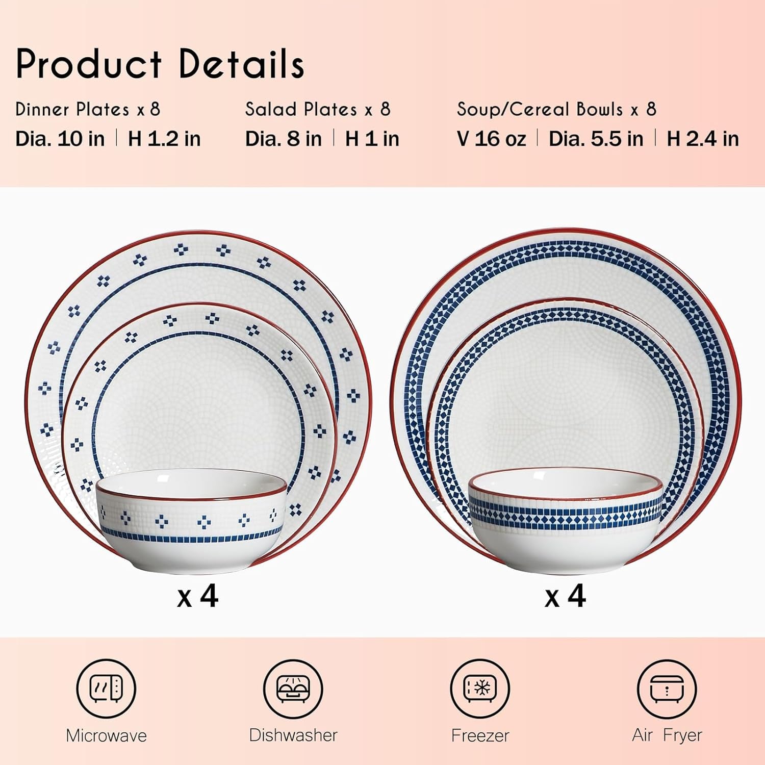 Dinnerware Sets for 8, 24-Piece Stoneware Plates and Bowls Sets for 8 Everyday Dishware Sets for 8, Microwave Safe, Scratch-Resistant, Vintage Geometric Design, Service for 8