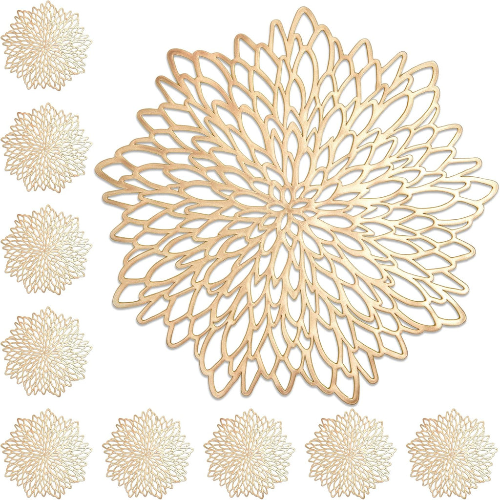 10 Pack Gold Vinyl Placemats - 14.4" X 14.4" round Table Mats and Plate Chargers with Leaf Design for Elegant Table Decor and Protection - Stylish Charger Plates for Events and Wedding Parties