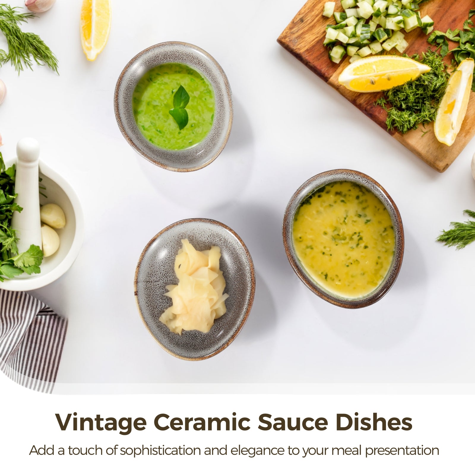 6 Pcs Ceramic Sauce Dishes, Vintage Dipping Bowls, Buffet Fruit Plates, Small Sauce Cups, Unique Serving Bowls for Condiment, Side Dishes, Appetizer, Snacks, Microwave and Oven Safe