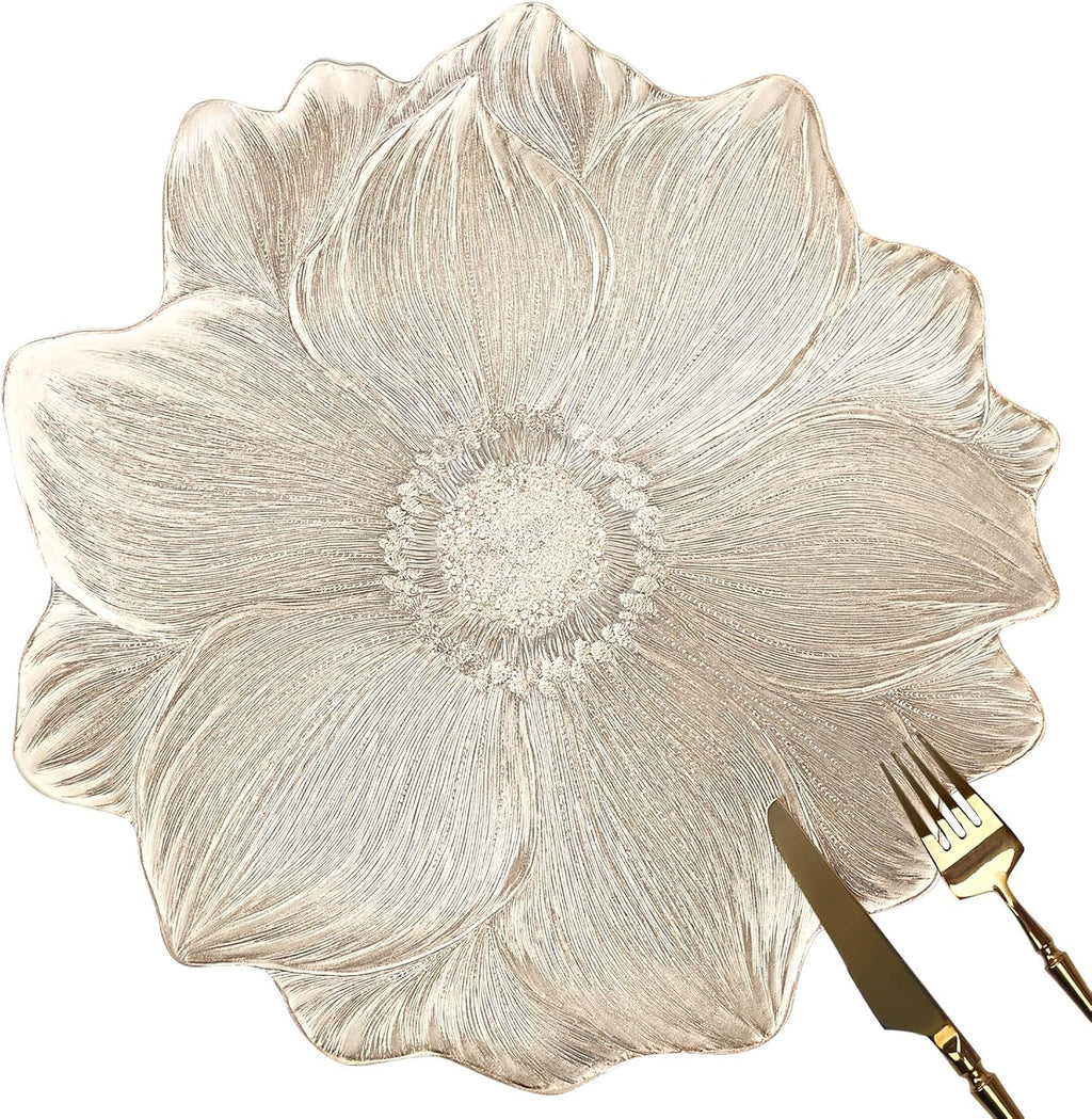 Gold Metallic round Placemats 15" Set of 6, Pressed Lotus Flower Design, Washable & Non-Slip Vinyl - Perfect for Dinner, Holiday, Wedding Decor & Party Table Settings