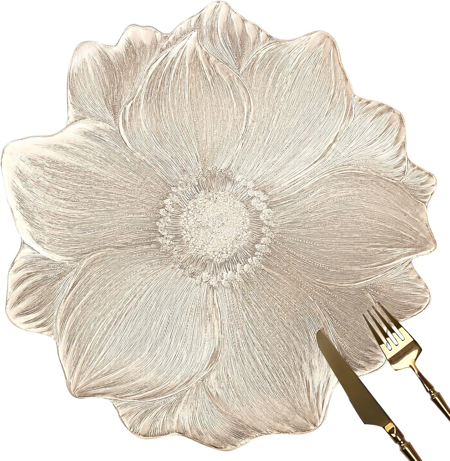 Gold Metallic round Placemats 15" Set of 6, Pressed Lotus Flower Design, Washable & Non-Slip Vinyl - Perfect for Dinner, Holiday, Wedding Decor & Party Table Settings